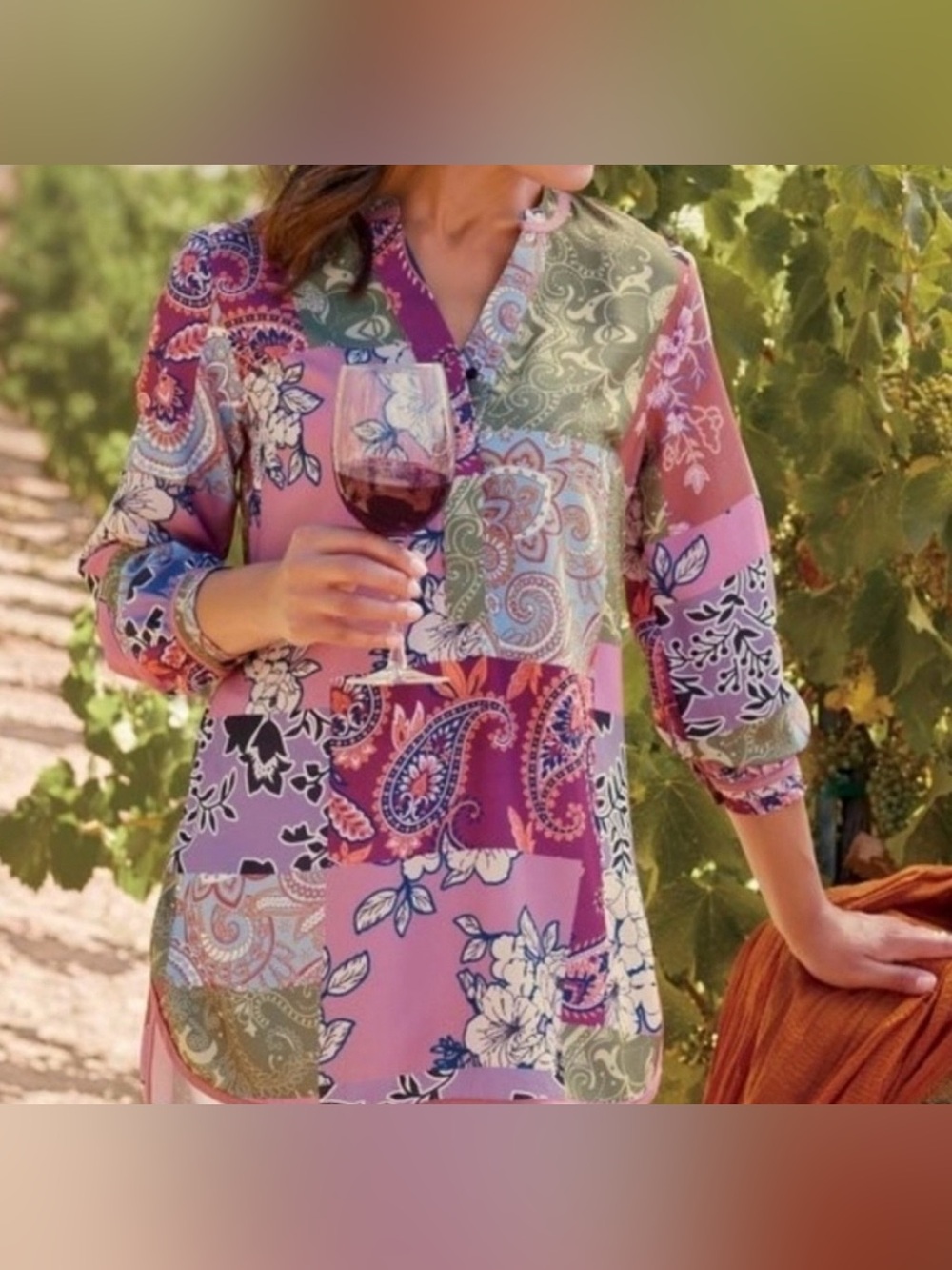 Soft Surroundings Tunic Top Patchwork Floral Paisley Women L Alvadore Fleur Boho - Picture 7 of 16